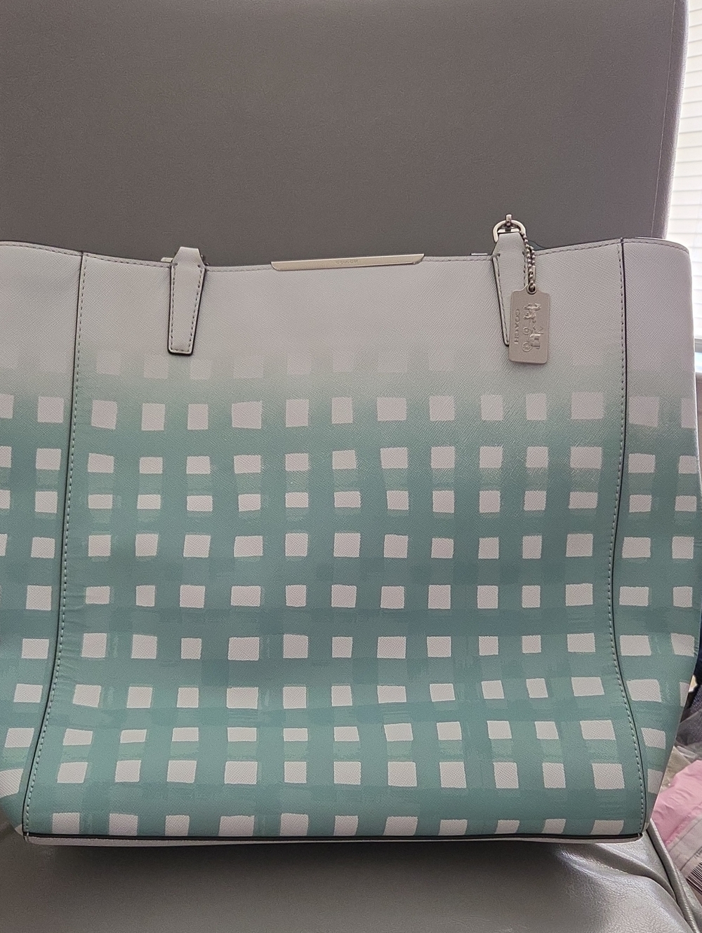 Coach Aqua and White Checkered Tote